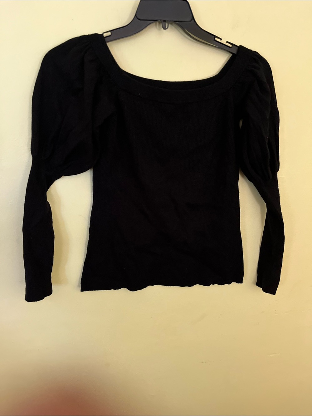 Cable Stitch Black Puff-Sleeve Ribbed Long-Sleeve Top Size Large